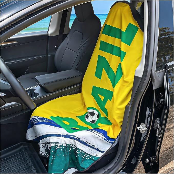 Car Seat Cover Towel, Universal Fit Front Seat 57 x 30 Inch Non Slip Soft Waterproof Absorbent instantly Sweat Protector, for Gym Workout, Swimming, Beach, Soccer, Pet travel (Brazil Soccer Style)
