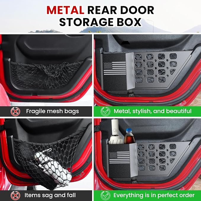 Metal Rear Door Pocket Storage Box for Jeep Wrangler JL JLU 4XE 2018-2026 & Gladiator JT 2020-2023 2023 2024 2025 2026 Accessories Door Storage Organizer Molle Panels, Flag, 2PCS