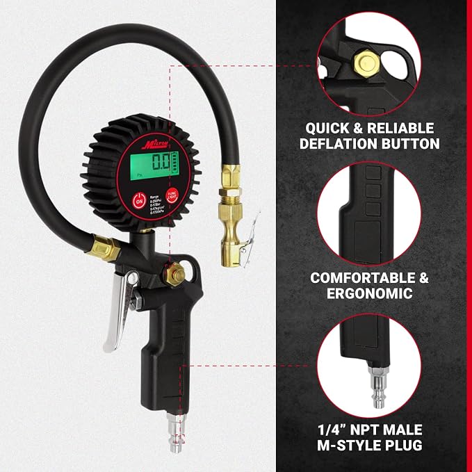 507KIT Digital Tire Inflator Car Accessories w/Accurate Air Tire Pressure Gauge, 14” Rubber Air Hose – 250 PSI, Brass Lock-On Clip Air Chuck and Compressor Accessories