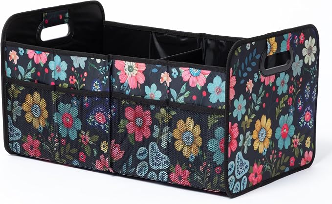 Paws Car Trunk Organizer Foldable Storage Bin with Handles Non Slip Base Pet Gear Travel Tote for SUV Truck (Floral Pawscape)