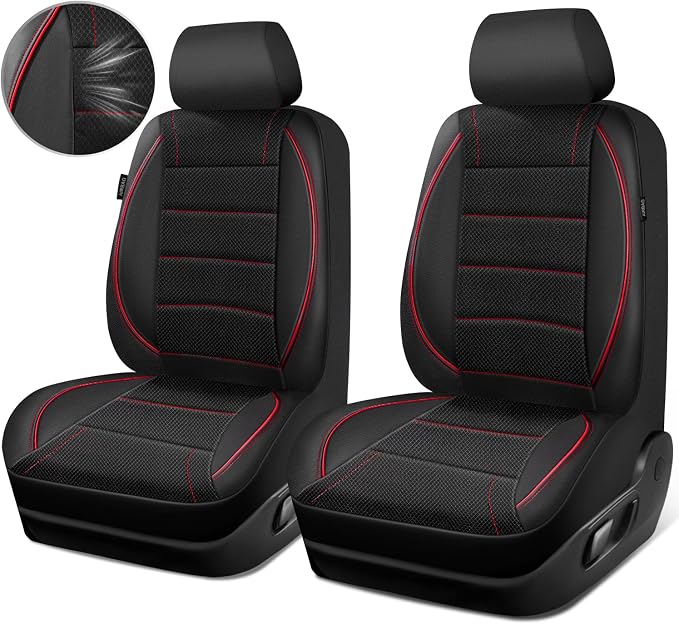 Air Mesh Leather Car Seat Covers Front Seats, Breathable Two Front Seat Covers for Cars, Comfortable Universal Fit for SUV Truck Sedan Automotive, Anti-Slip Airbag Compatible,Black and Red