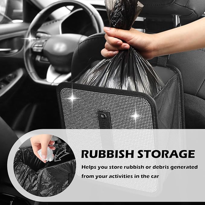 Bling Car Trash Can with Rhinestone,Foldable Car Garbage Can for in-Vehicle Waste Disposal,Multipurpose Hanging Back Seat Organizer & Decorations Fit for Most Cars Trucks