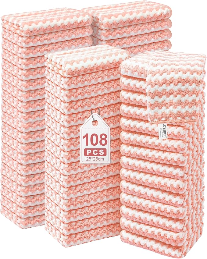 108 Packs Microfiber Cleaning Cloths, 10" x 10" Reusable Kitchen Towels, Lint-Free Cleaning Rags, Super Absorbent Cleaning Cloths for Kitchen, Car, and Household Cleaning, Pink