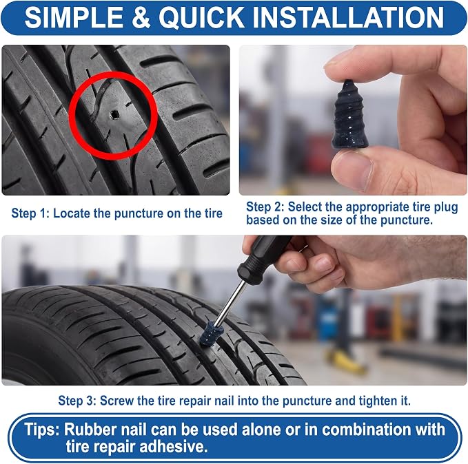 61 PCS Tire Repair Screws Kit, Premium Screw in Tire Plugs with Screwdriver, Quick Self-Service Flat Tire Screw Plugs for Car, Motorcycle, Truck, Tractor Tire