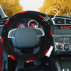 Crochet Steering Wheel Cover Set,Cute Car Steering Wheel Cover Boho 14-15in,Pink Strawberry Granny Square Pattern,Women Car Accessories (Black (Steering+Shift Knob) Cover)