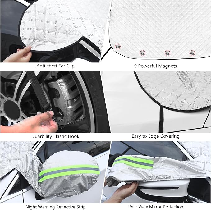 Magnetic Car Windshield Cover for Ice and Snow 4 Layers Automotive Windshield Snow Covers 9 Magnetic Anti Frost Guard for Most Cars SUVs Trucks Pickup (65"x50")