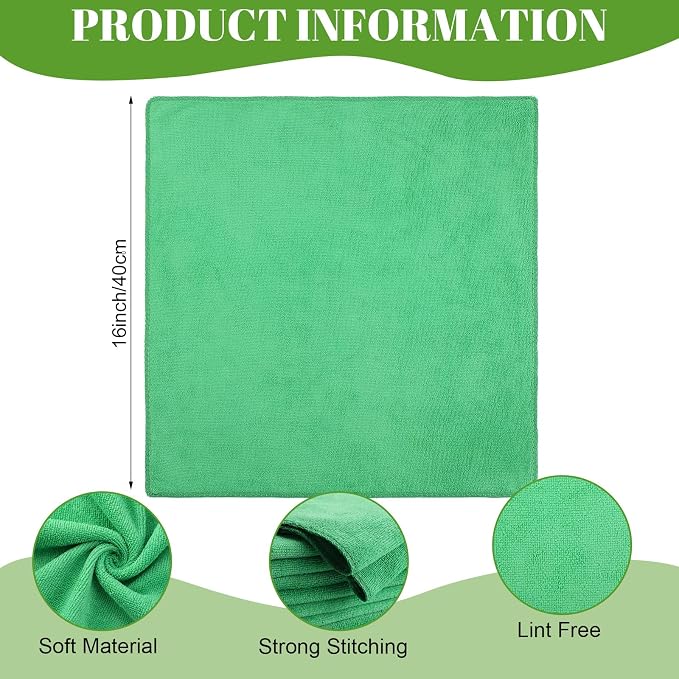 60 Pcs Microfiber Cleaning Cloths for Cars 16 x 16 Inch Ultra Absorbent Car Towels Drying Reusable Cleaning Supplies House Kitchen Window Microfiber Towel (Green)