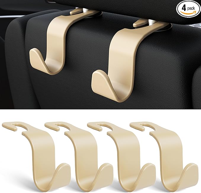 4-Pack Car Headrest Hooks Vehicle Storage Organizer for Purses Handbags Groceries Coats –Holds 55lbs 360° Rotating Simple Design Beige
