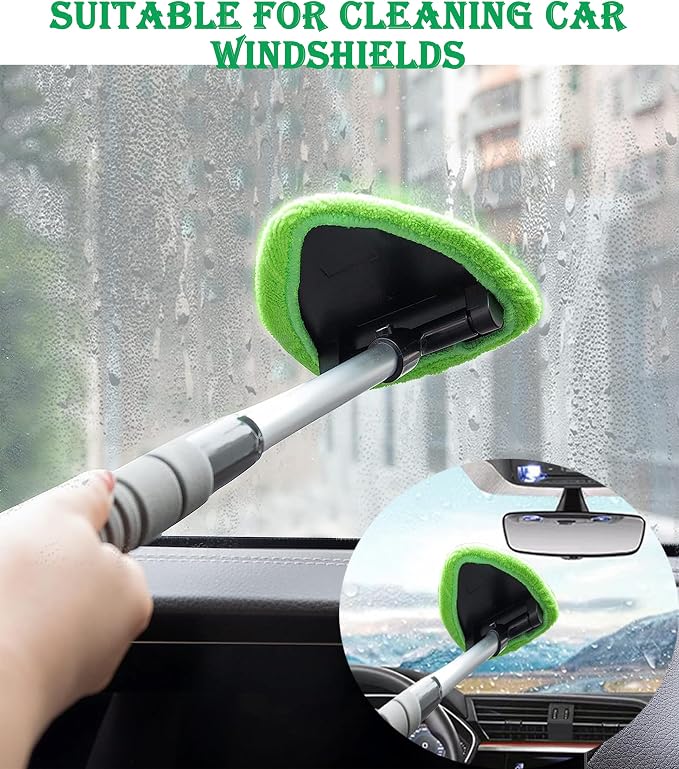 Car Windshield Cleaner Tool with Reusable Microfiber Pads Extendable Handle (1, Green)