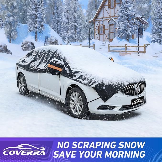 Car Half Cover for Compact Sedan, Waterproof Snow Car Cover with Cotton Liner, Sunroof & Roof Cover for Car Hood & Window Protection