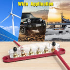 Power Distribution Block Bus Bar, 6 x 5/16" Posts, 10 x #8 Screws Terminals, Max 48V 250A (Pair, Red & Black)
