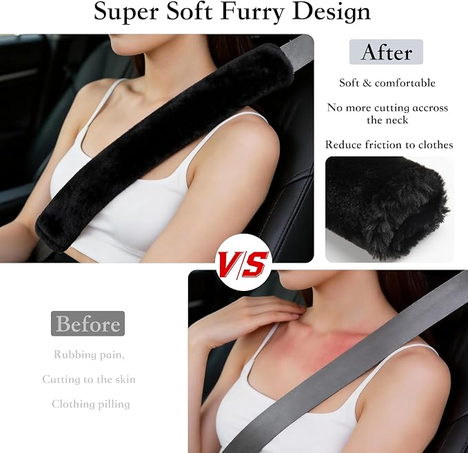Soft Faux Fur Universal Fit Seatbelt Cover Car Truck SUV Airplane Seat Belt Shoulder Pad for Carmera Backpack Straps Neck Cushion Protector Extra Long 19.7in Black