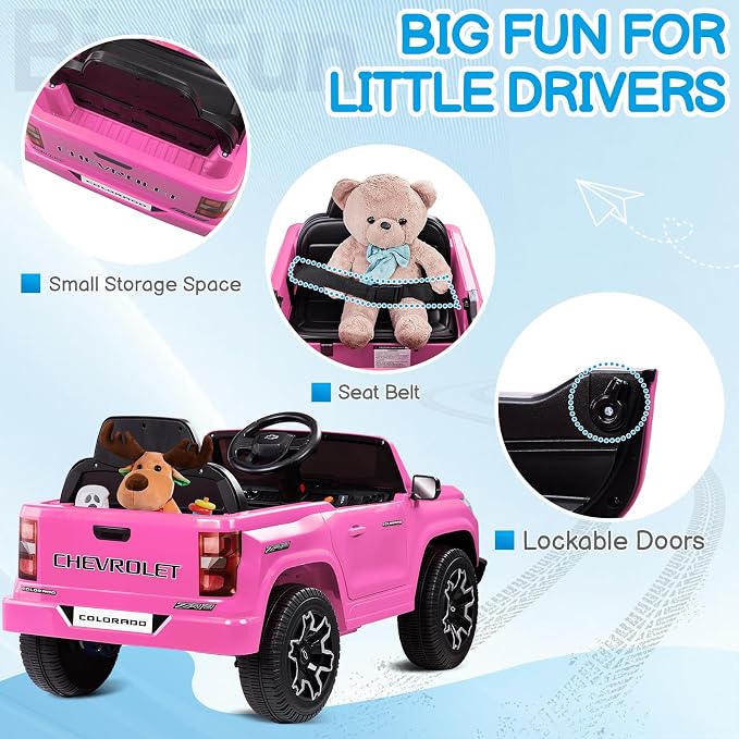 Licensed Chevrolet Colorado Electric Car for Kids, 12V Ride on Toys for Toddlers with Remote Control, Battery Powered Electric Car Ride On Vehicle w/Bluetooth, Soft Start, LED Lights - Pink