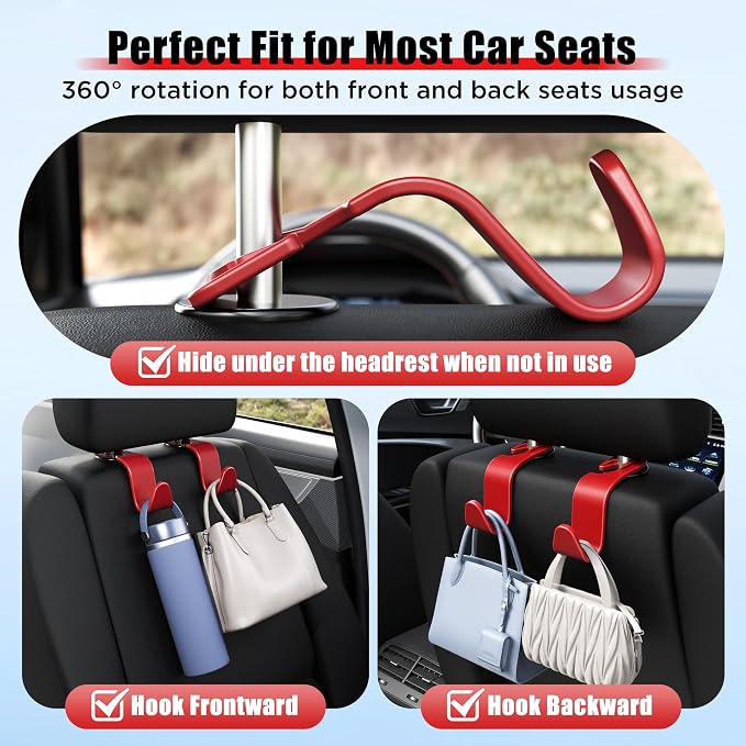 Car Seat Headrest Hook 4 Pack Hanger Storage Organizer Universal for Handbag Purse Coat Universal fit Vehicle Car Red with Clip