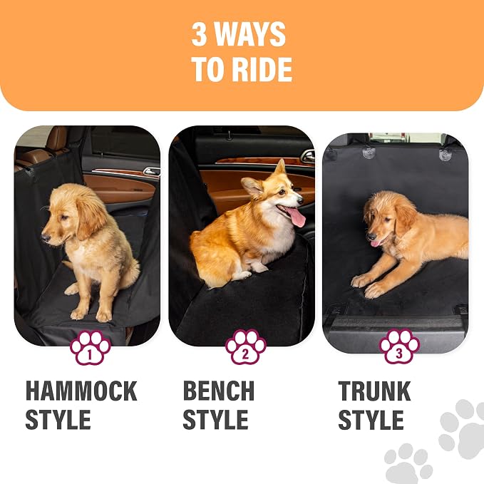 Waterproof Hammock Standard Car Seat Cover, Fits Sedans Hatchbacks Crossovers Coupes Compact Vehicles, Secure Convertible Travel Bed Protects Backseat Cargo from Dogs, Black w/Blue Trim