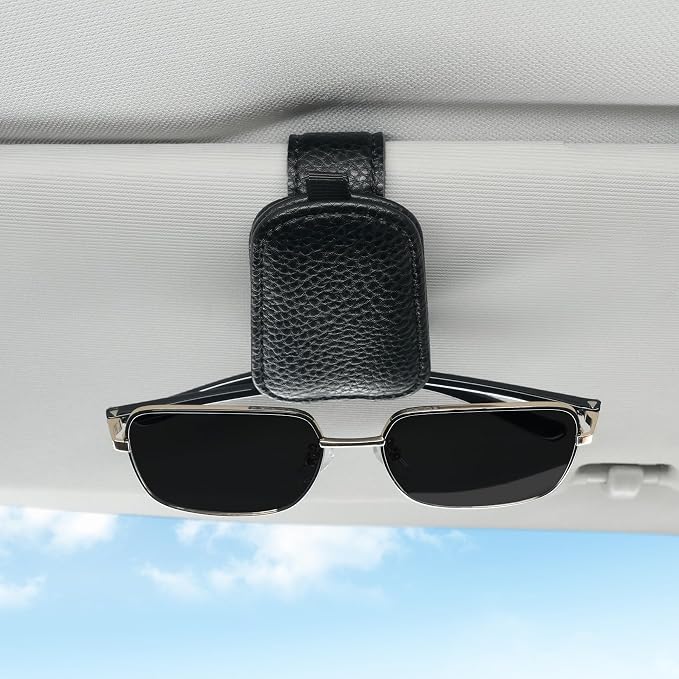 Sunglasses Holder for Car, Leather Magnetic Buckle Sun Visor Sunglass Clip, Ticket Card Storage Glasses Clip, Car Interior Accessories for Men and Women（Black）