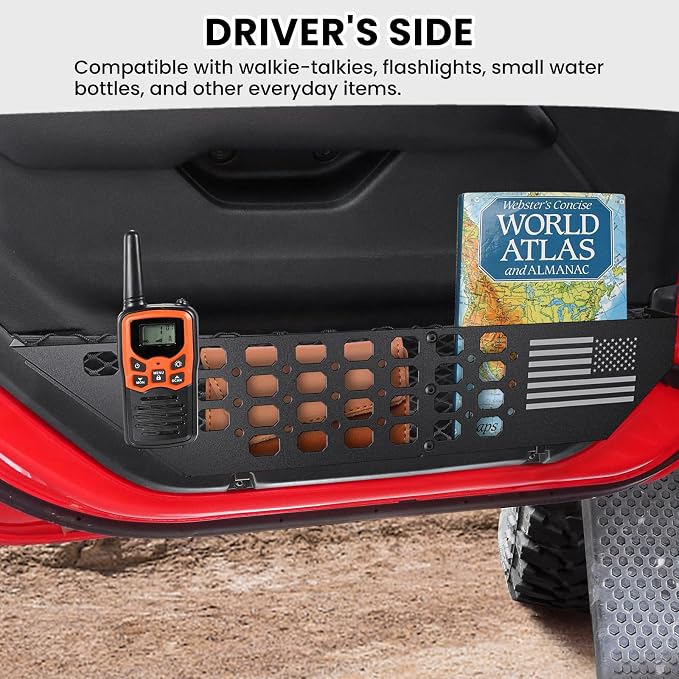 Metal Front Door Pocket Storage Box for Jeep Wrangler JL JLU 4XE 2018-2026 & Gladiator JT 2020-2023 2024 2025 2026 Accessories Door Organizer Storage (Not for Power Seats), Flat Flag, 2PCS