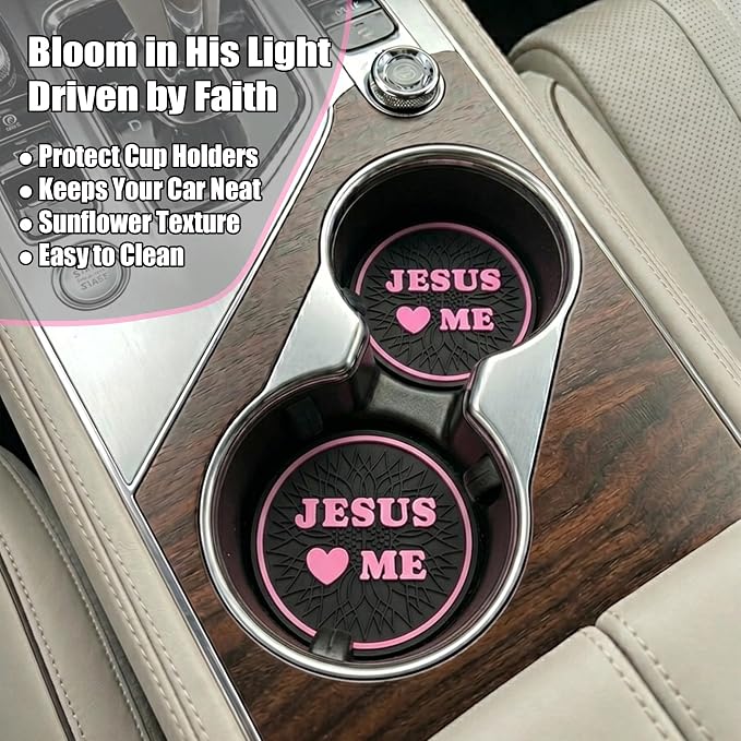Christian I Love Jesus Pink Steering Wheel Cover for Women & Girls with 2 Pack Car Coasters, Pink Car Accessories, Christian Gifts for Women, Universal 15" Fit for Cars, SUVs, Trucks
