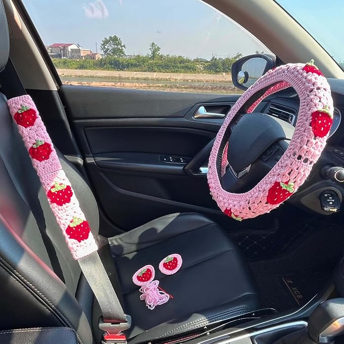 Crochet Steering Wheel Cover Set,Cute Car Steering Wheel Cover Boho 14-15in,Pink Strawberry Granny Square Pattern,Women Car Accessories (Wheel Cover Set)