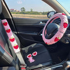 Crochet Steering Wheel Cover Set,Cute Car Steering Wheel Cover Boho 14-15in,Pink Strawberry Granny Square Pattern,Women Car Accessories (Wheel Cover Set)