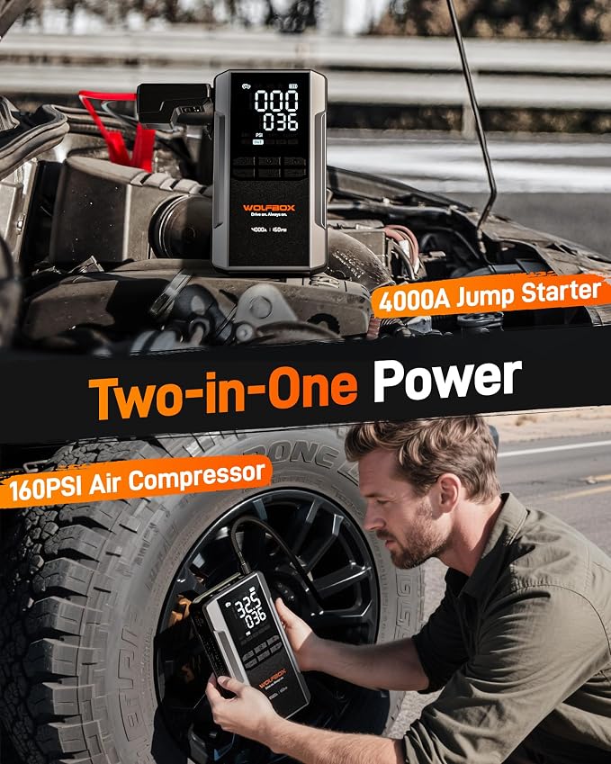 4000A Jump Starter with Air Compressor, 88.8Wh Car Battery Jumper Starter Portable(10L Gas/10L Diesel), 12V Booster Jump Box Pack with 160PSI Tire Inflator, 65W Fast Charger, Jumper Cables
