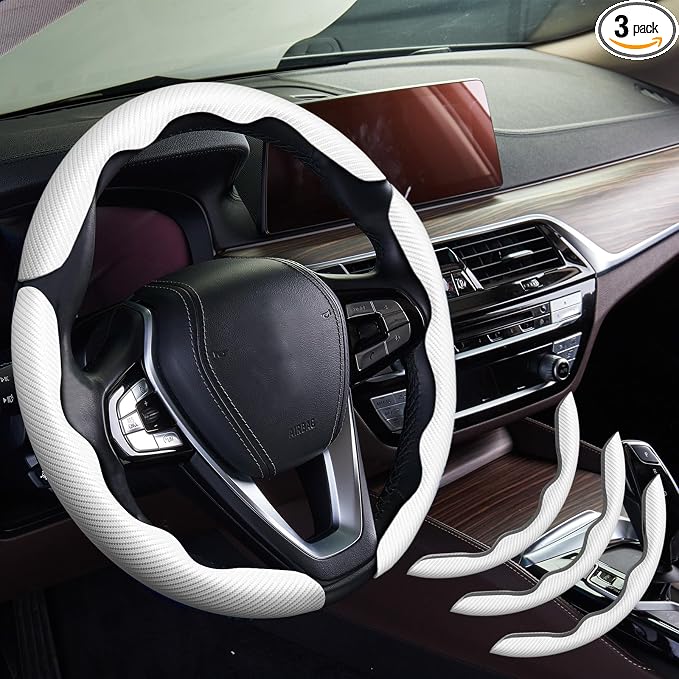 3pcs Car Steering Wheel Cover,Anti-Skid Carbon Fiber Steering Wheel Protector for Men Women,Multiple Color Options,Universal for Most Car Interiors Accessories (White 3PCS)