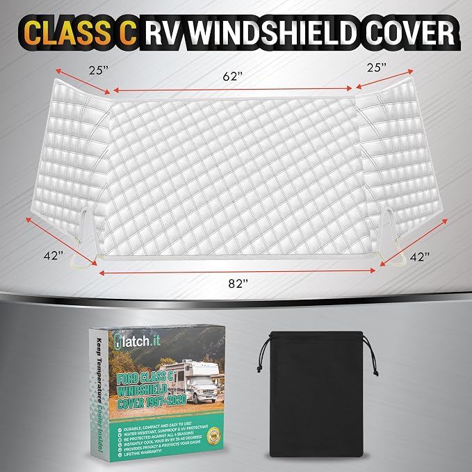 LATCH.IT RV Windshield Cover for Ford Class C E450 1997-2026 | Windshield Cover for RV Class C NOT for Transit Vans | RV Front Window Cover with Mirror Cutout & Corner Bands | Add Privacy & Protection