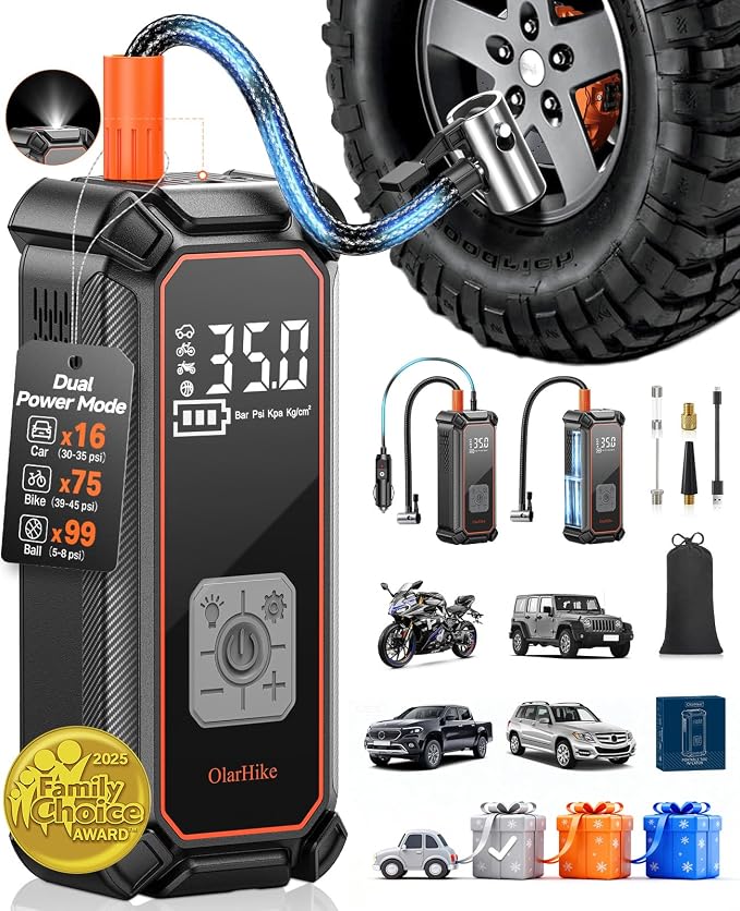 Cordless Tire Inflator Portable Air Compressor, Dual Power - 5400 mAh & 12V DC, Air Pump for Car Tires, Bike, Motorcycle, Bicycle, Electric Pump with LED Light & Digital Pressure Gauge