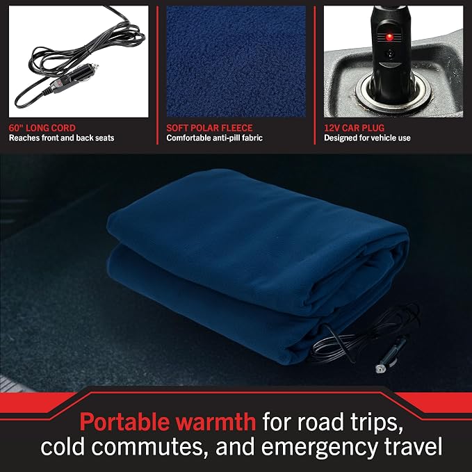 Heated Car Blanket - 12V Electric Travel Blanket for Car, Truck, SUV or RV - Portable Heated Throw for Road Trips, Camping or Winter Emergency Kit for Cold Weather Travel by (Navy)