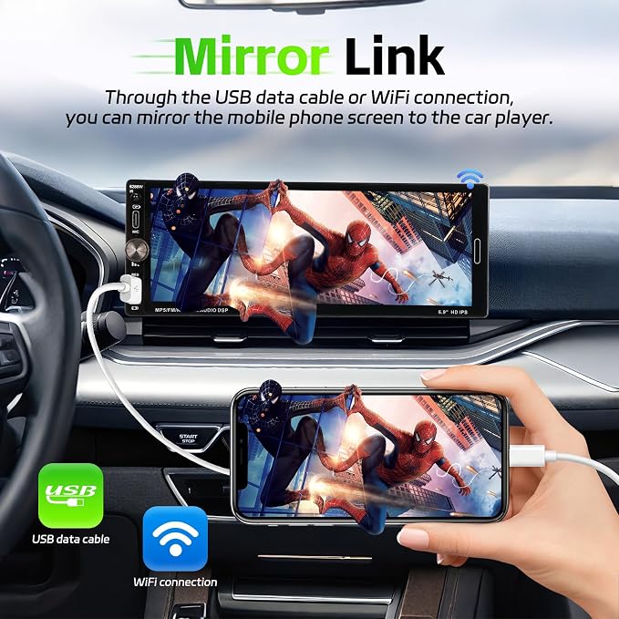 Single Din Radio Car Stereo with Wireless Carplay & Android Auto, 6.9" IPS Touchscreen Car Stereo with Bluetooth 1080P Backup Camera Mirror Link Navigation AM/FM Type-C Fast Charging USB EQ SWC Mic