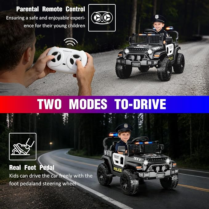 12V Ride on Car with Parent Remote Control, Toddler Police Electric Car with Spring Suspension, LED Lights & Music Player - Safe Battery Toy for Kids, Christmas & Birthday Gift