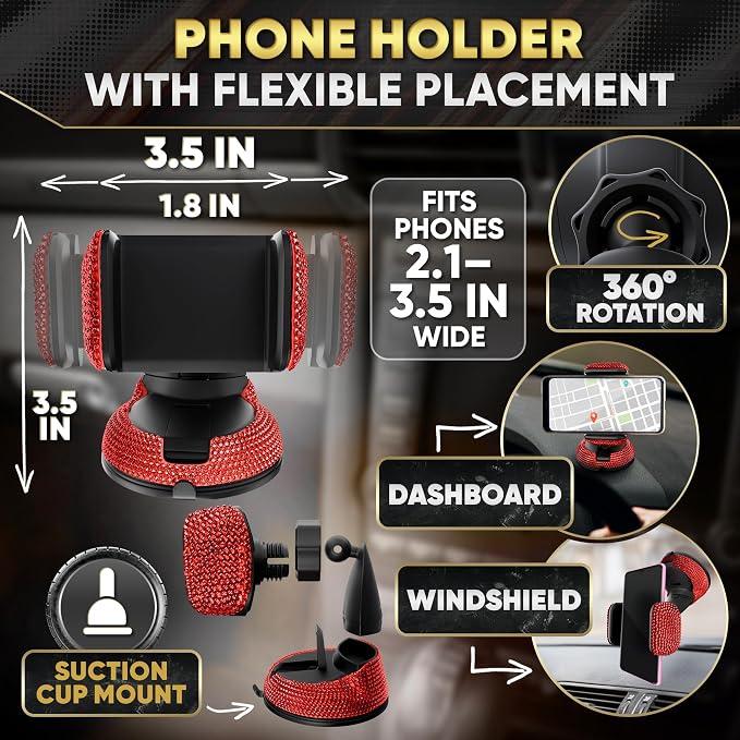 Red Bling Car Accessories Set, 27 Pieces Car Interior Set Including Steering Wheel Cover, Diamond License Plate Frame, Phone Holder, Coasters, Hooks, Great Gift for Women Drivers