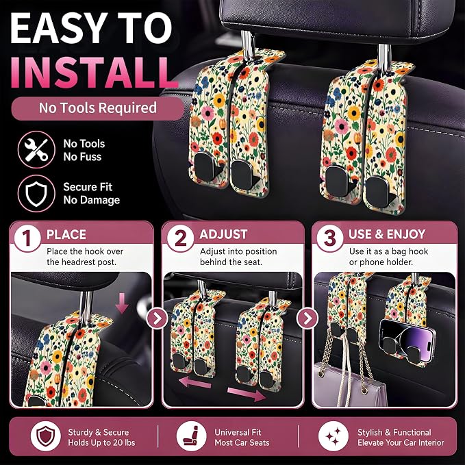 Car Seat Back Storage Hook, Funny Car Purse Hook, Cute Vehicle Storage Organizer for Purses Handbags Colorful Floral Pattern