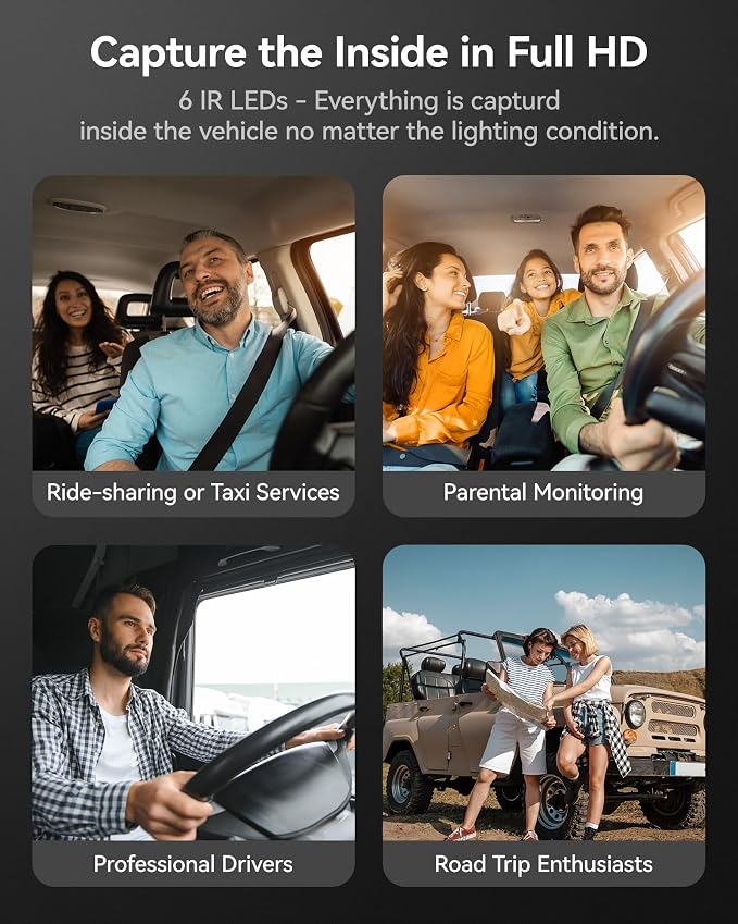 i07 3 Channel Dash Cam Built-in WiFi GPS, 4K Dash Camera Front and Inside, 1440P+1080P+1080P Triple Car Camera with 3" LCD Screen,IR Night Vision, 24H Parking Mode(Card Not Included)
