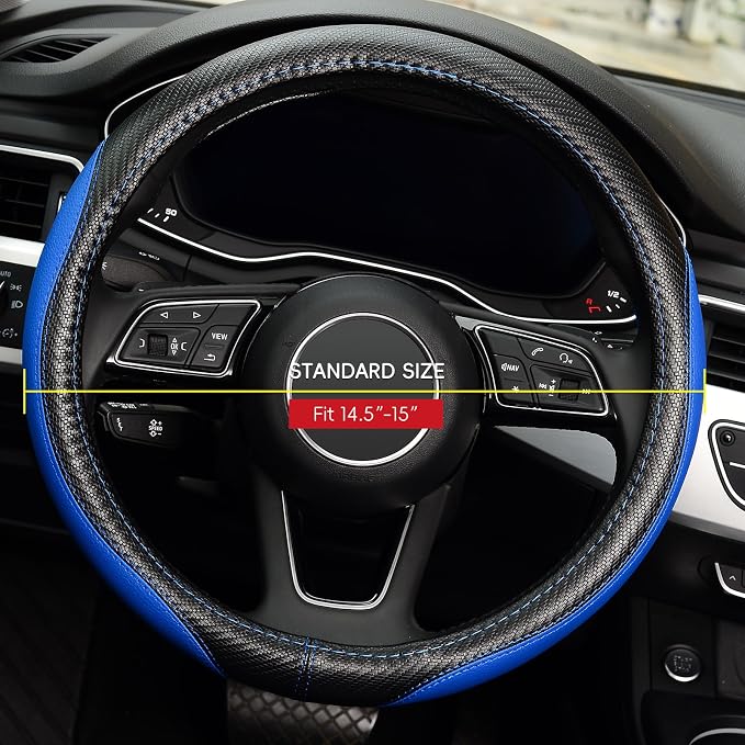 Microfiber Leather Auto Car Steering Wheel Cover, Universal Fit 15 Inch Anti-Slip Wheel Protector, Blue