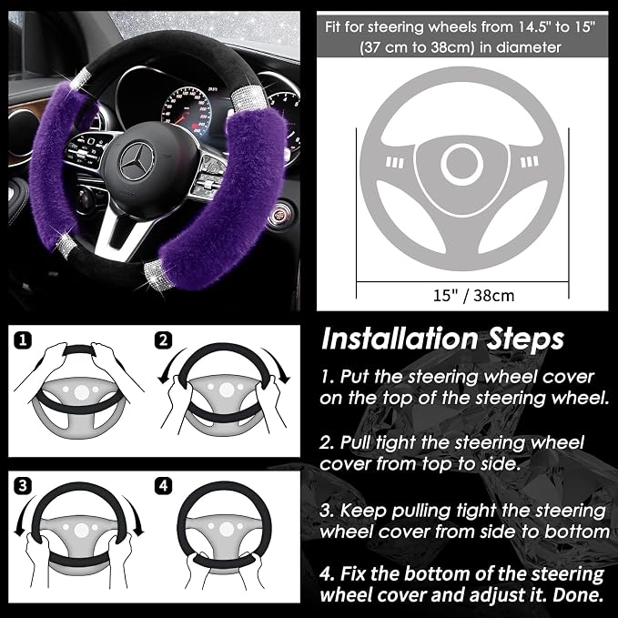 Rhinestone Fluffy Steering Wheel Cover - Comfortable Non-Slip Luxury Faux Wool, Universal Fit for 14.5" to 15" Steering Wheels