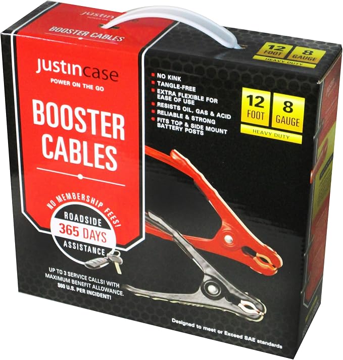 Heavy-Duty Jumper Cables for Car, Includes 8 Gauge Wire Conductor 12' Car Jumper Cables & 365 Day Roadside Assistance