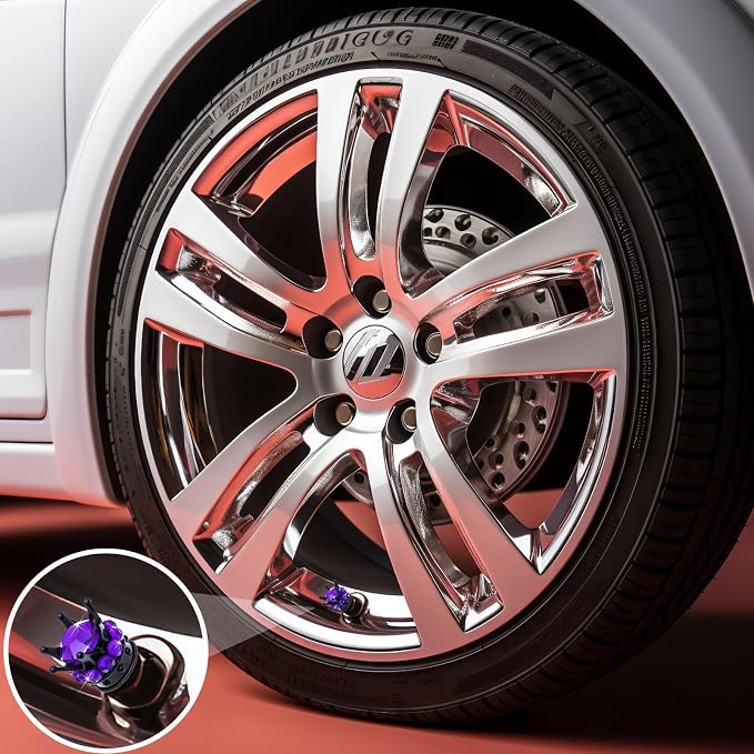 4PCS Crown Bling Tire Stem Valve Caps, Crystal Diamond Car Wheel Tire Valve Caps Universal Copper Core Stem Covers for Cars, SUV, Trucks, Bikes, Motorcycles, Bicycles (Black & Purple)