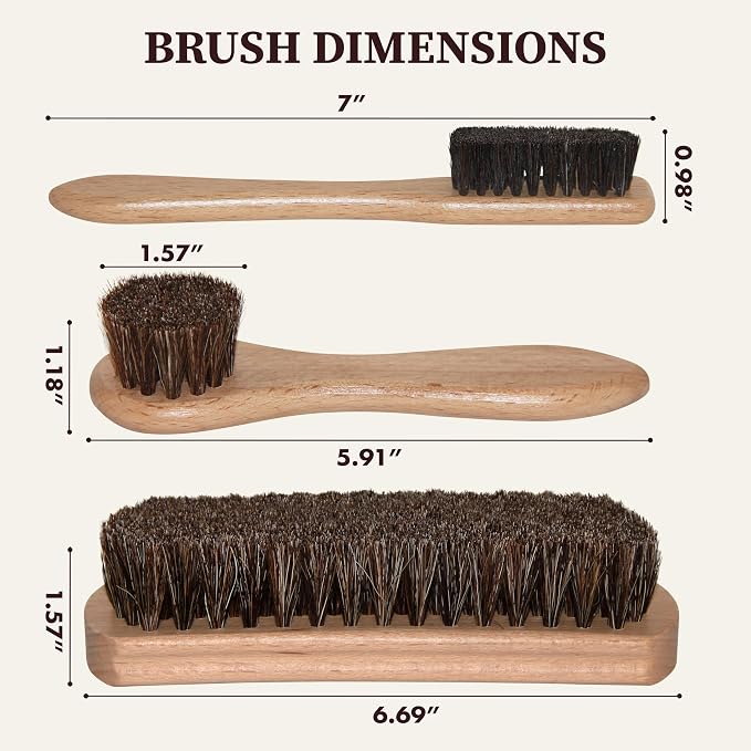 Horsehair Detailing Brush Set – Professional 3‑Piece Leather Cleaning & Care Kit for Bags, Shoes, Accessories, Upholstery & More – Soft, Scratch‑Free Natural Horsehair Brushes