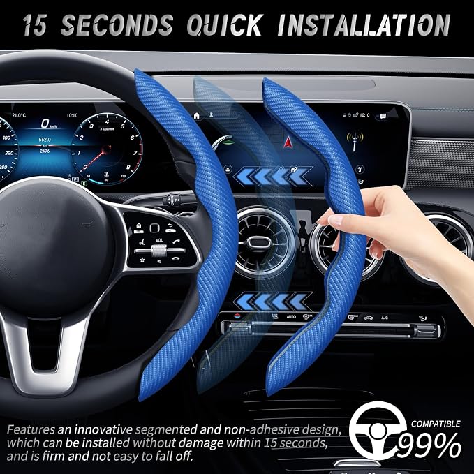 2pcs Car Steering Wheel Cover,Anti-Skid Carbon Fiber Steering Wheel Protector for Men Women,Multiple Color Options,Universal for Most Car Interiors Accessories (Bule)