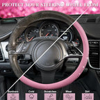 Bling Diamond Pink Leather Steering Wheel Cover, Studded Shining Rhinestones Universal Fit 14" 1/2-15" Glitter Sparkly Crystal Fit for Women Girl SUV,Vans,Sedans,Car,Trucks, Pink Diamond