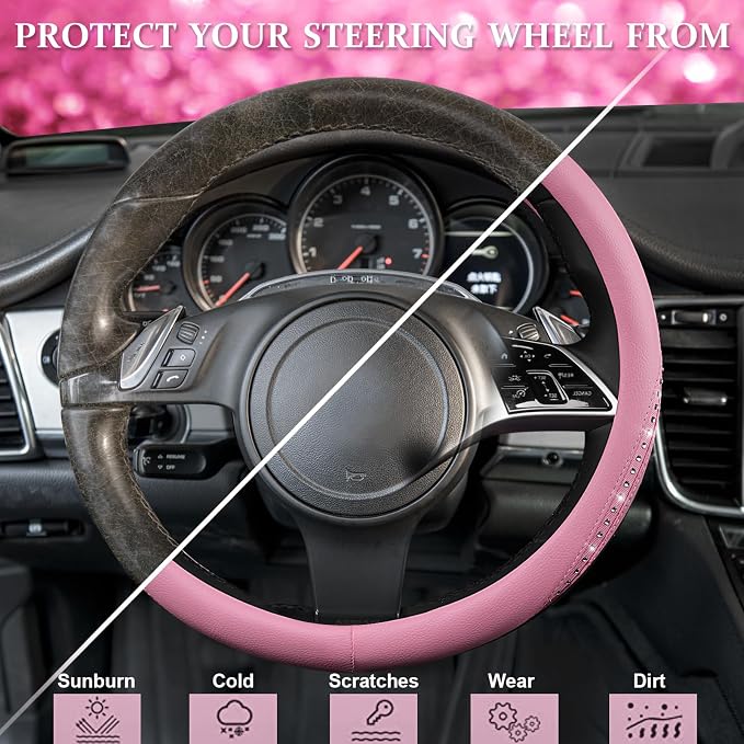 Bling Diamond Pink Leather Steering Wheel Cover, Studded Shining Rhinestones Universal Fit 14" 1/2-15" Glitter Sparkly Crystal Fit for Women Girl SUV,Vans,Sedans,Car,Trucks, Pink Diamond