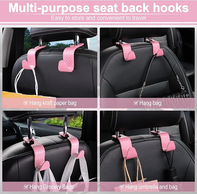 Car Purse Hook, Headrest Hook for Car, 4 Pack Universal Auto Car Seat Headrest Hook Hangers Organizer for Purse Coat Umbrellas Grocery Bags Handbag, Car Accessories - Carbon Fiber Pink