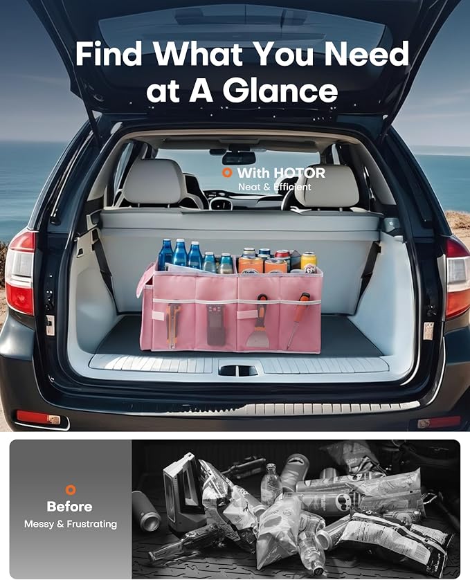 Trunk Organizer for Car - Car Organizer, Foldable Trunk organizer for SUVs & Sedans, Sturdy Organization for Car Accessories, Tools, Sundries, Pink, 2 Compartments, 23.6"×14.2"×10.6"