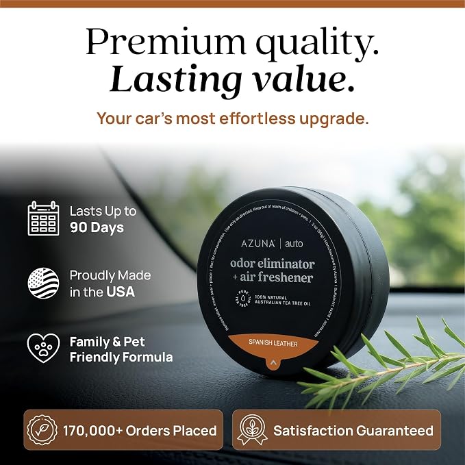 Car Air Freshener & Auto Odor Eliminator Pods Trio | Spanish Leather | Plant Powered by 100% Australian Tea Tree Oil | Long Lasting and No harsh chemicals | Made in USA | 3 Pack of 2oz Pods