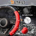 Diamond Soft Leather Steering Wheel Cover with Bling Bling Crystal Rhinestones, Universal 15 inch, Black Red