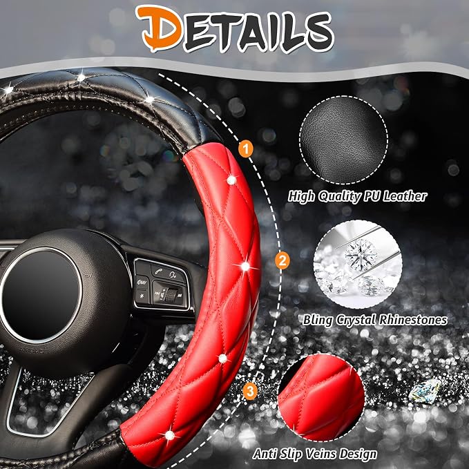Diamond Soft Leather Steering Wheel Cover with Bling Bling Crystal Rhinestones, Universal 15 inch, Black Red