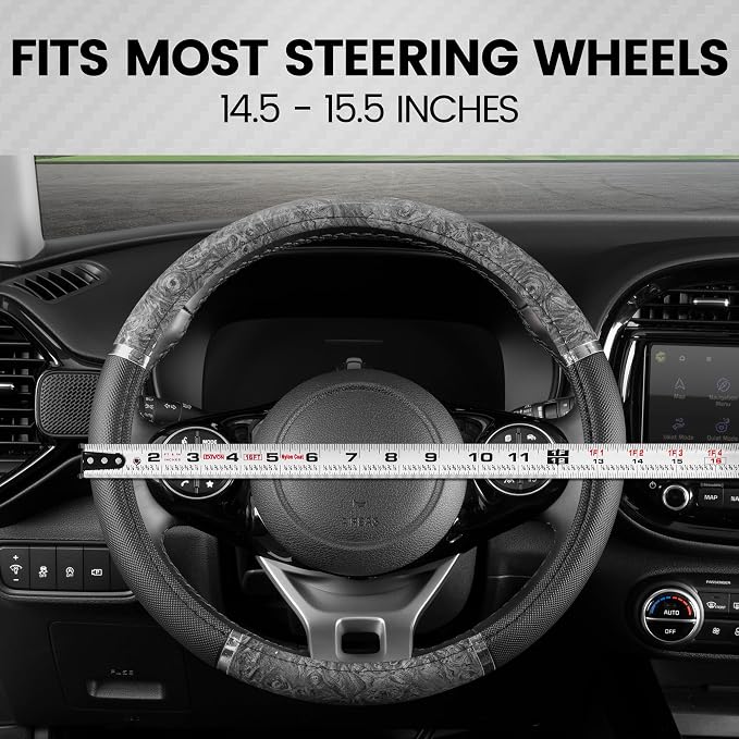Chrome Wood Grain Black & Gray Steering Wheel Cover for Cars, Trucks, Van, SUVs - Elegant and Comfortable Grip Accessories