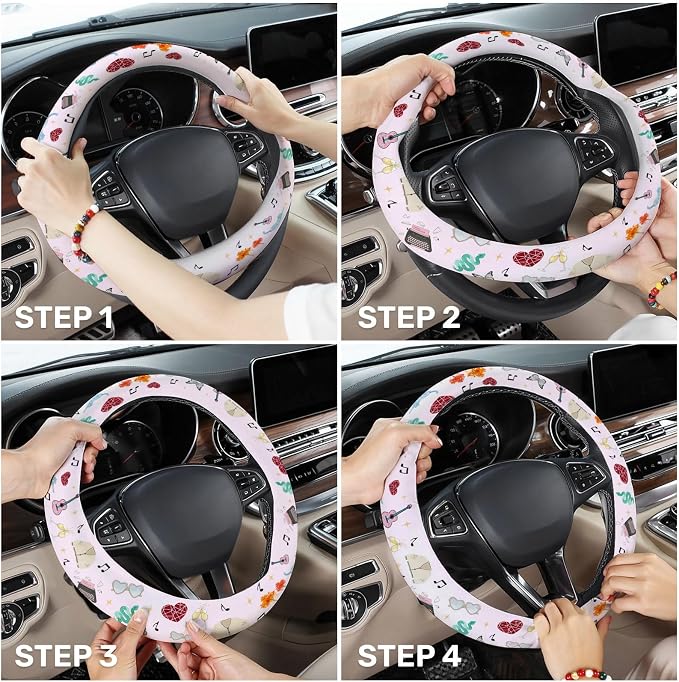 Pastel Music Icon Steering Wheel Cover, Polyester Non-Slip Car Wheel Grip, Universal 15 Inch Auto Accessory