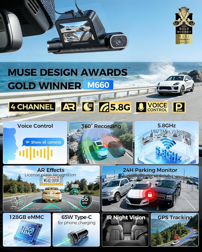 360° 4 Channel Dash Cam Front and Rear Inside, Built-in 128GB eMMC, 2K+1080P*3 Dashcam, Left Right, Voice Control, 5G WiFi Dash Camera for Cars with 4 Adjustable Lenses, IR Night Vision, M660
